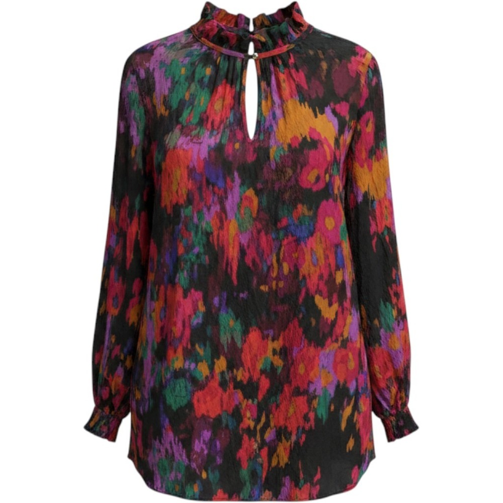 Jodifl Womens Abstract‎ Floral Ruffle Neck Blouse Pink Orange Multi Size Medium